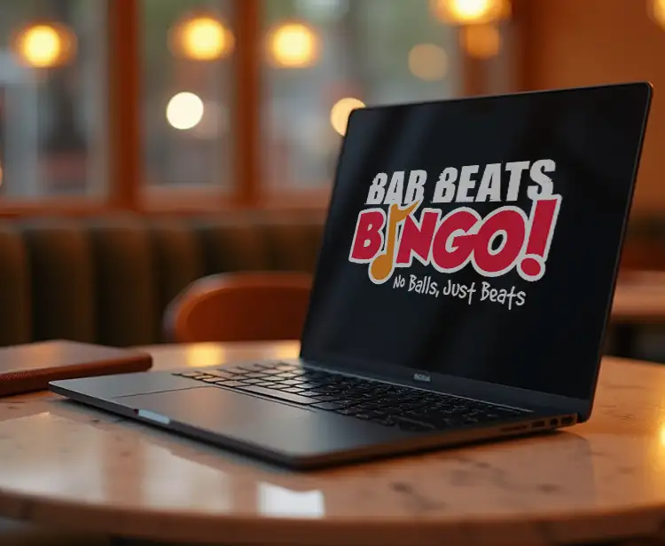 A laptop showing the Bar Beats Bingo logo